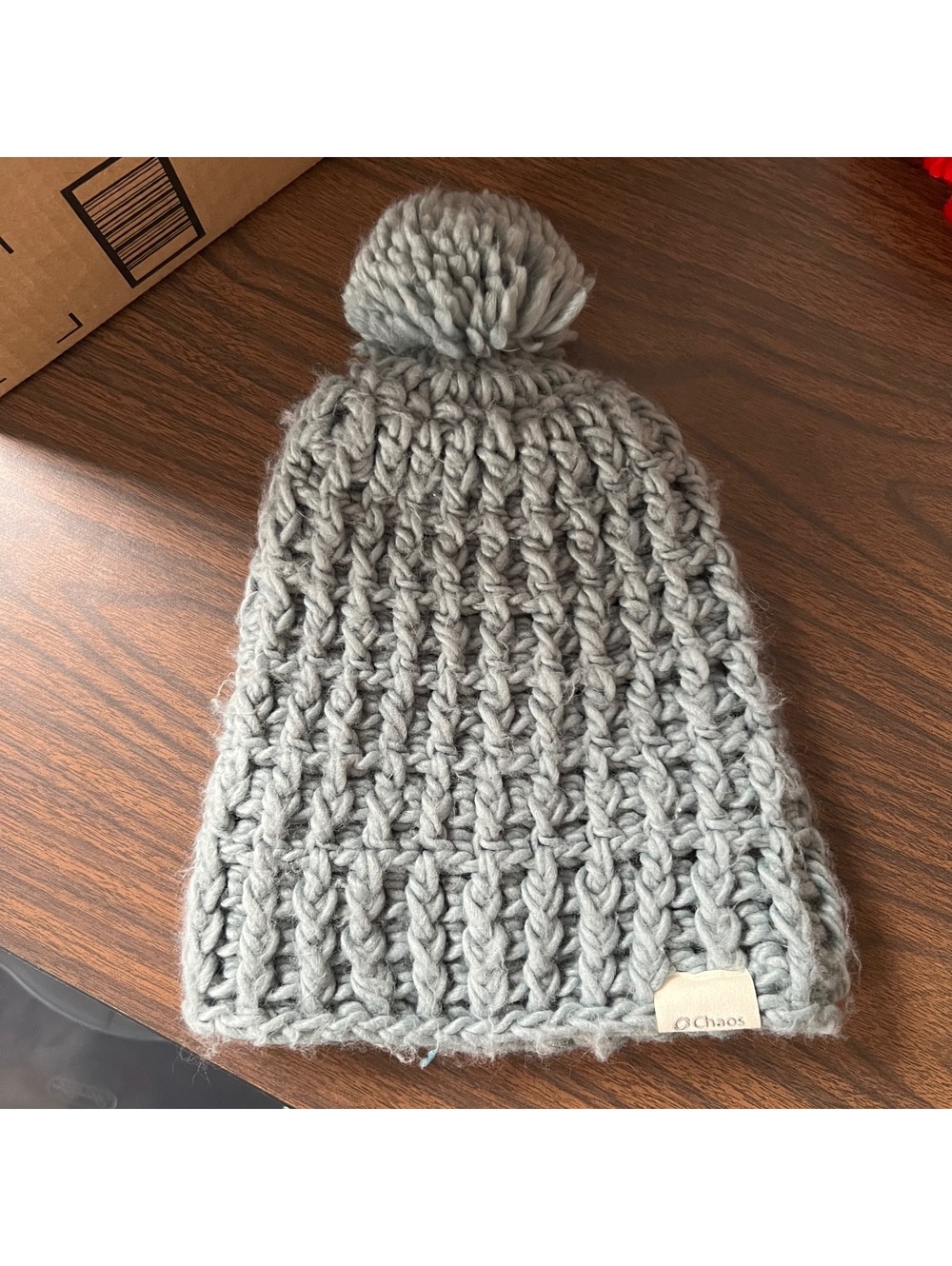 Blue Gray Knit Pom Pom Beanie Hat